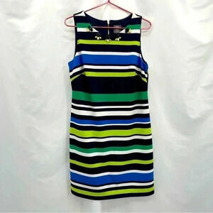 Vince Camuto Women's Summer Dress 12  Blue Green Stripe Bejeweled Sleeveless EUC